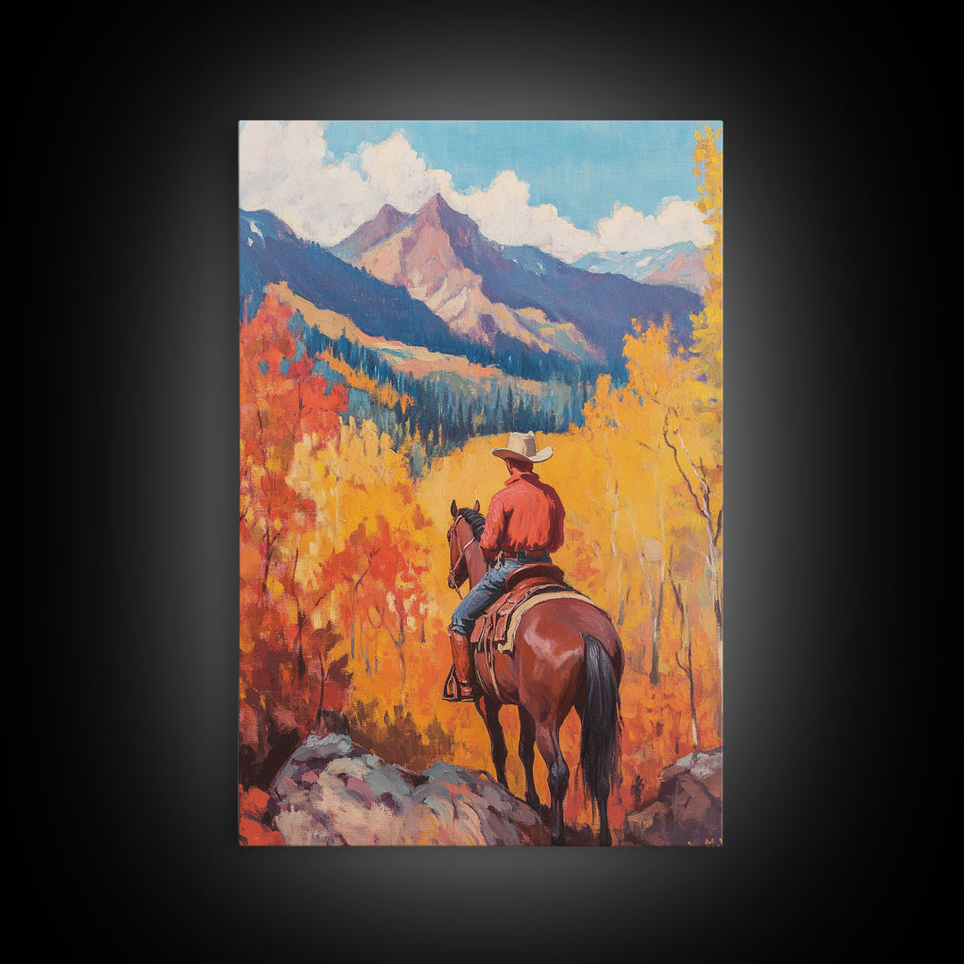 Cowboy in Snowy Mountain Valley Framed Canvas Print Christmas Wall Art Winter Wonderland Vintage Christmas Decor Gift Idea Moody Landscape