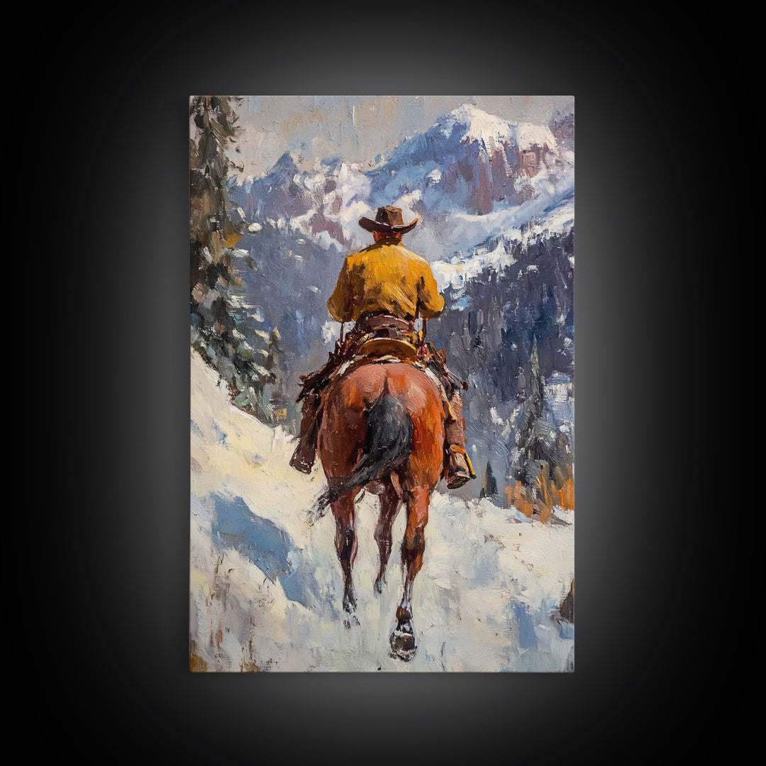 Cowboy on Horseback in Autumn Mountains Canvas Print Fall Wall Art Vintage Christmas Decor Country Christmas Wall Art Gift Idea Seasonal Art