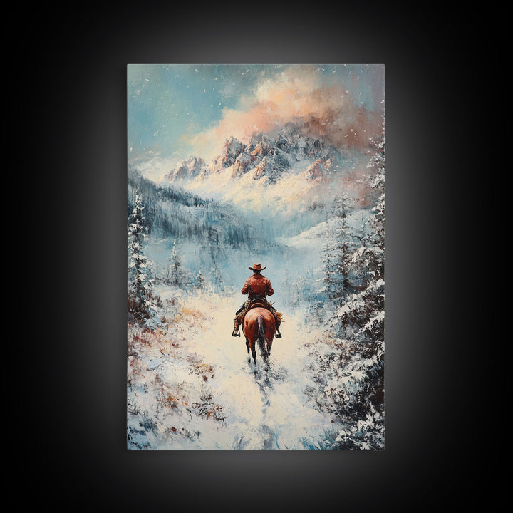 Cowboy in Winter Mountains Framed Canvas Print Christmas Wall Art Winter Wonderland Decor Vintage Christmas Gift Idea Moody Landscape Art