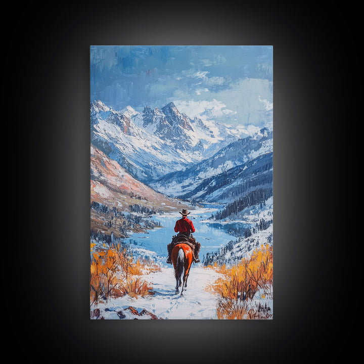 Cowboy in Snowy Mountain Range Canvas Print Winter Wonderland Art Christmas Decor Seasonal Wall Art Vintage Christmas Gift Christmas Decor