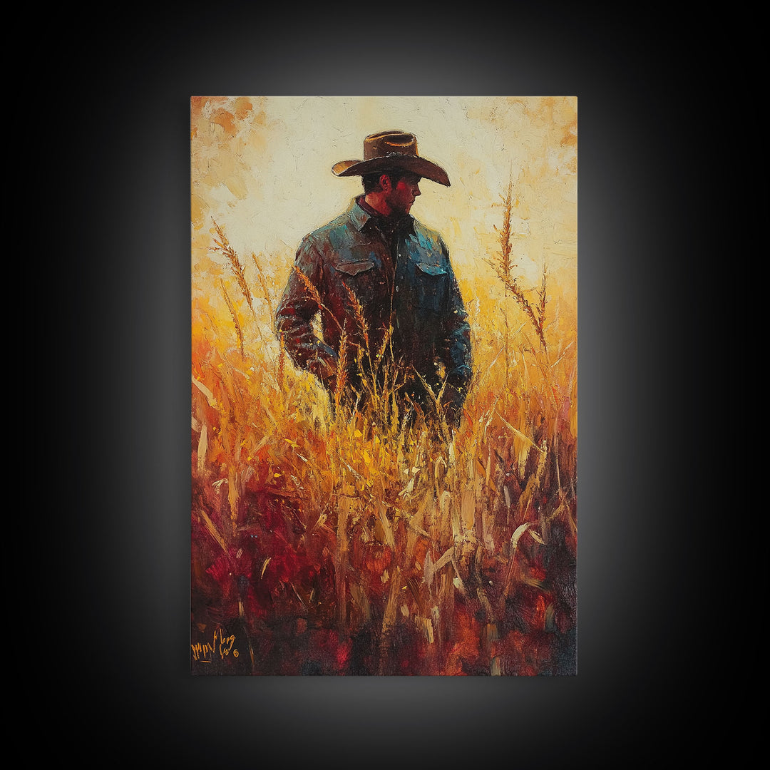 Cowboy in Golden Wheat Field Canvas Print, Western Landscape Art Gift, Seasonal Decor, Modern, Perfect Holiday Gift, Framed Canvas Print