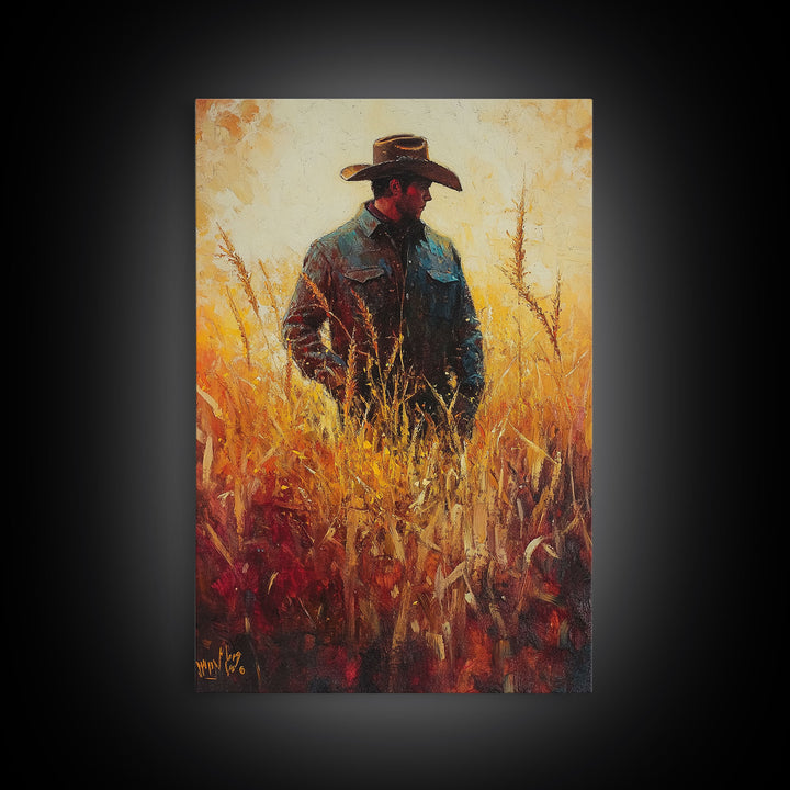 Cowboy in Golden Wheat Field Canvas Print, Western Landscape Art Gift, Seasonal Decor, Modern, Perfect Holiday Gift, Framed Canvas Print