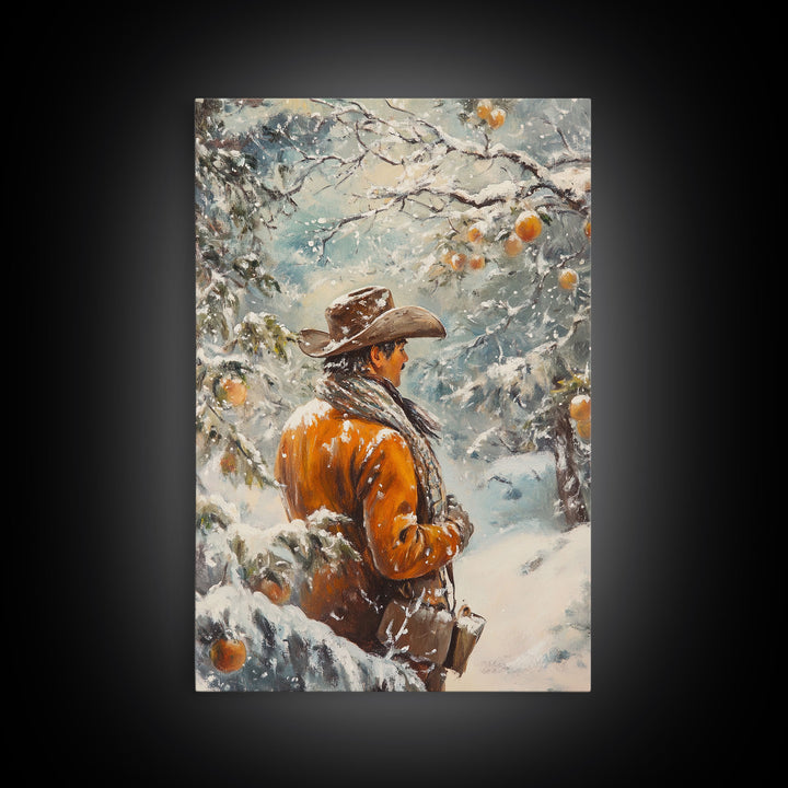 Cowboy in Snowy Orchard Canvas Print with Frosty, Christmas Wall Art Gift, Seasonal Decor, Winter Wonderland, Holiday Decor, Canvas Print