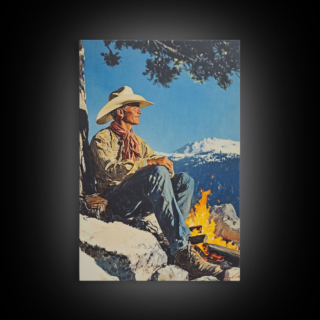 Cowboy Resting by the Fire Canvas Print, Winter Mountain Scene, Seasonal Wall Art, Rustic Western Decor, Holiday Gift, Framed Canvas Print