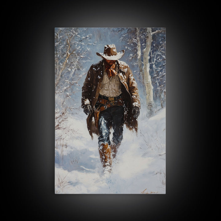 Cowboy Riding Horse in Snowy Forest Canvas Print, Winter Wall Art, Western, Rustic Christmas Wall Art, Seasonal Holiday Decor, Canvas Print