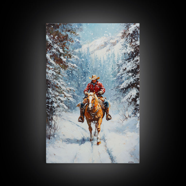 Cowboy Walking Through Snowy Winter Forest Canvas Print, Western Christmas Art Gift, Holiday Wall Decor, Rustic Art, Framed Canvas Print