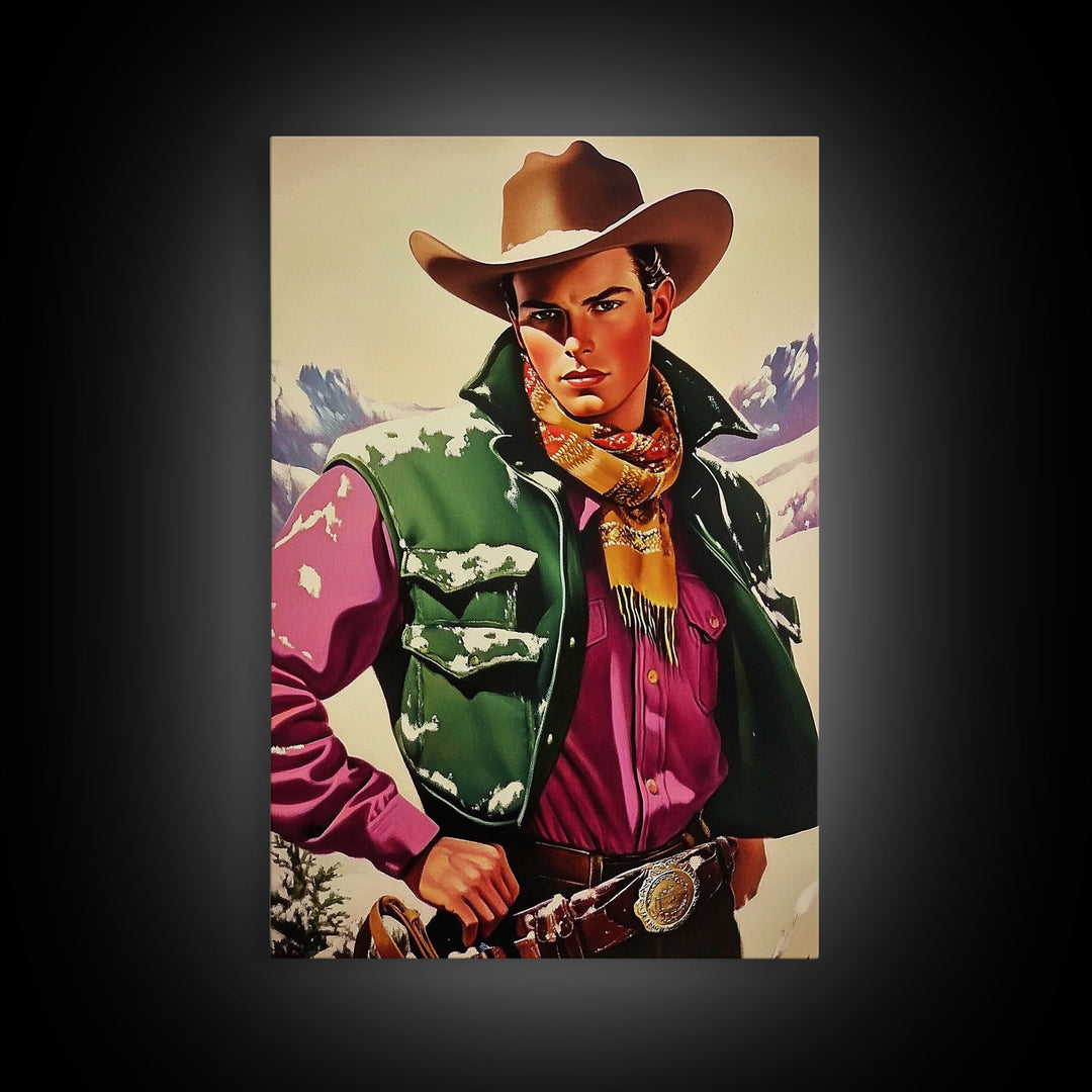 Retro Cowboy in Snowy Mountain Canvas Print, Winter Wall Art, Holiday Decor, Vintage Christmas Art, Rustic Wall Decor, Framed Canvas Print