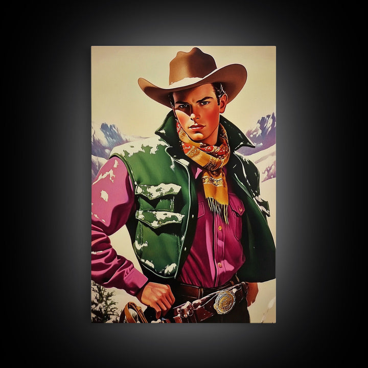 Retro Cowboy in Snowy Mountain Canvas Print, Winter Wall Art, Holiday Decor, Vintage Christmas Art, Rustic Wall Decor, Framed Canvas Print