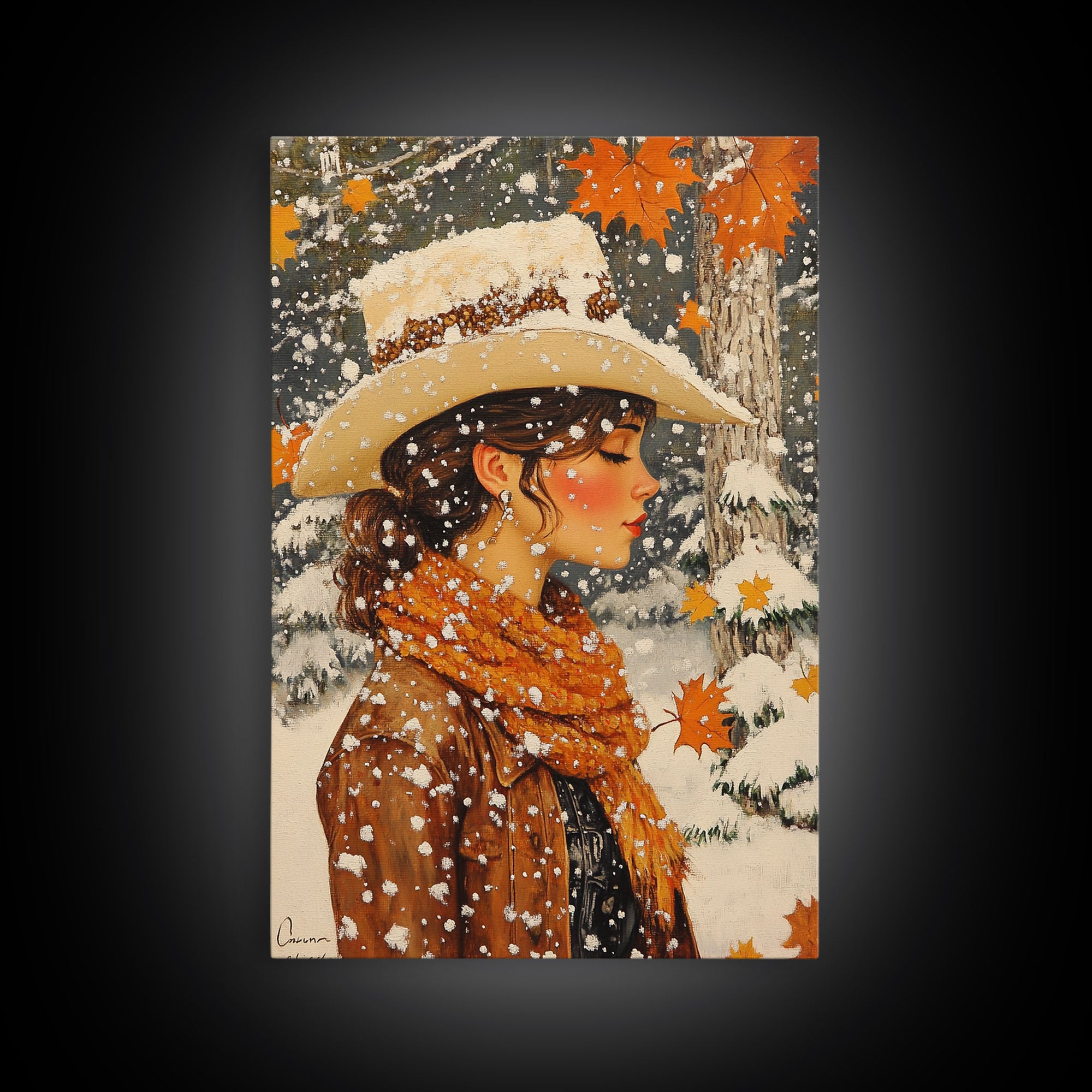 Snowy Cowgirl in Fall Scene Canvas Print, Seasonal Holiday Art, Rustic Christmas Decor, Farmhouse Wall Art, Winter Wonderland Wall Print