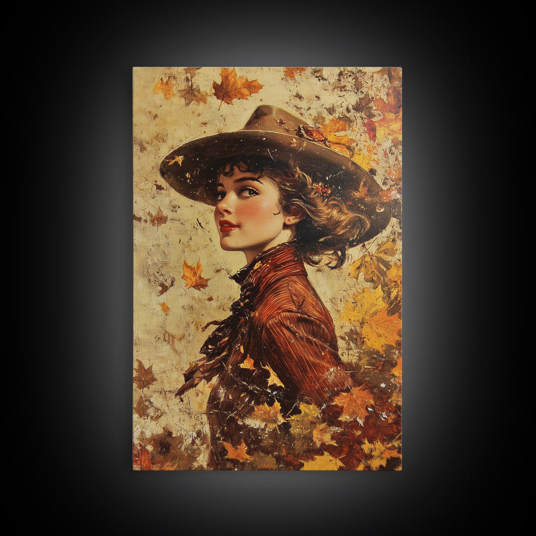 Autumn Cowgirl Portrait Canvas Print, Vintage Fall Wall Art, Farmhouse Decor, Holiday Art, Perfect Home Decor Gift Idea, Framed Canvas Print