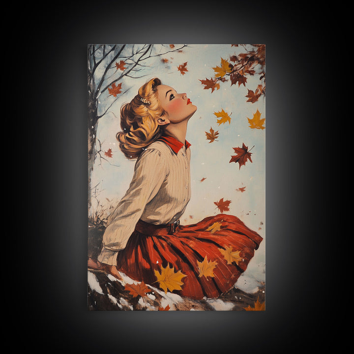 Retro Cowgirl with Snowy Background Canvas Print, Winter Wonderland Art, Christmas Wall Art, Seasonal Holiday Decor, Vintage Christmas Print