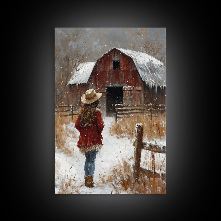 Country Girl with Falling Leaves Canvas Print, Autumn Wall Art, Farmhouse Holiday Decor, Fall Decor, Trendy Wall Art, Framed Canvas Print
