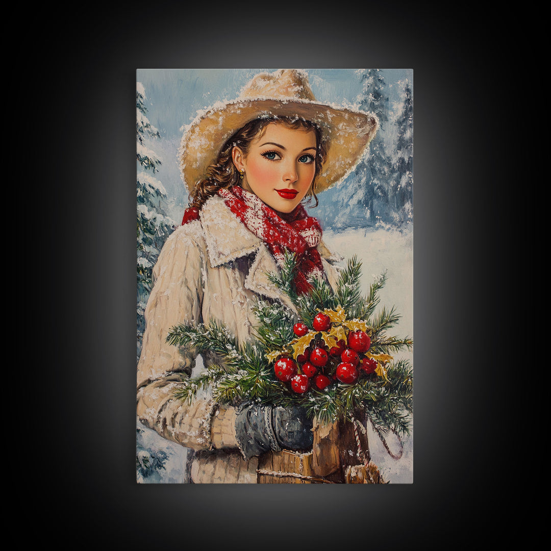 Cozy Christmas framed canvas print woman carrying holiday greenery in snowy winter scene perfect for vintage Christmas home decor