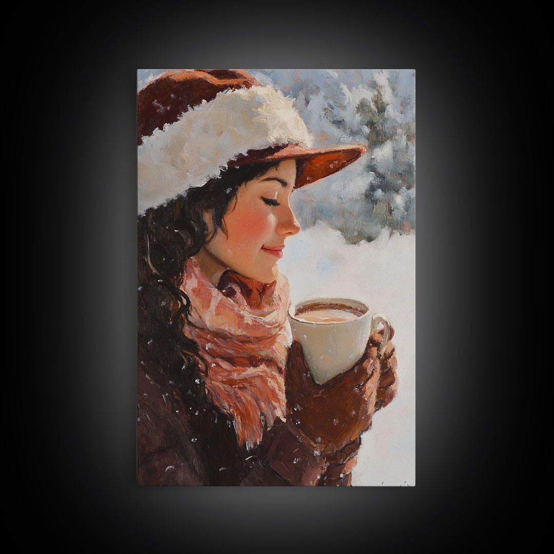 Framed canvas print of a peaceful winter scene with a woman a hot chocolate perfect for holiday gift idea or rustic Christmas wall art decor