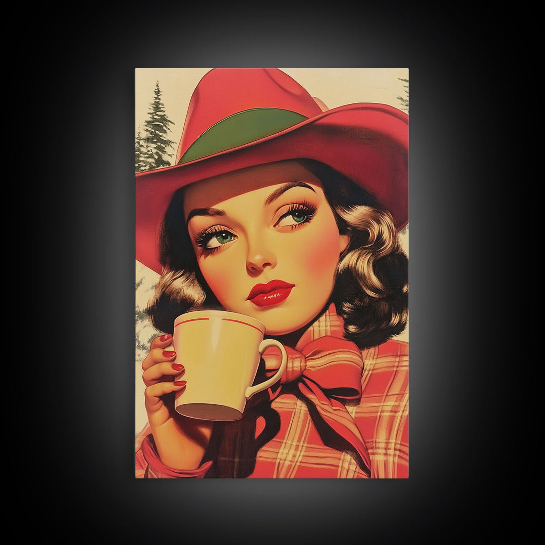 Retro Christmas holiday art framed canvas print a stylish woman with coffee holiday wall art perfect for vintage Christmas home decor