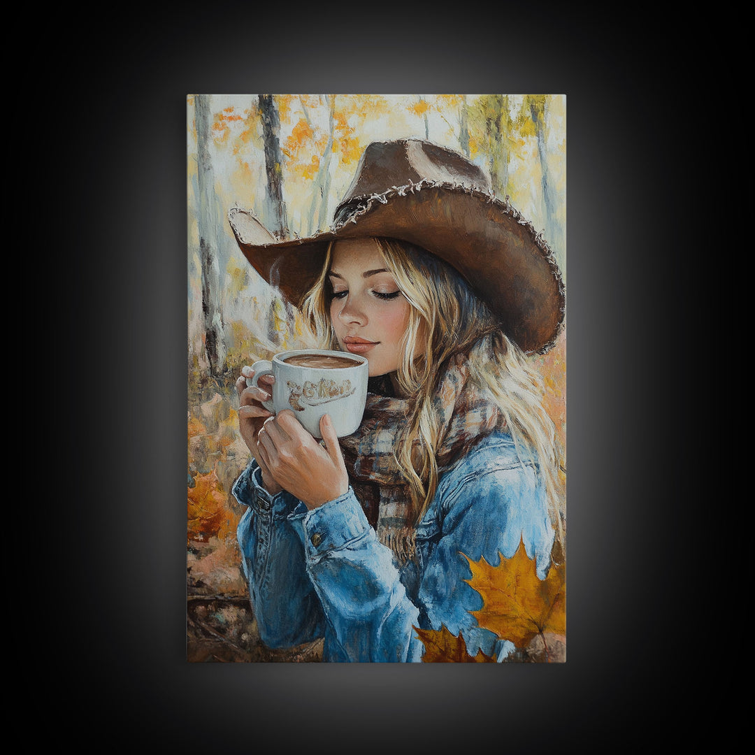 Fall-themed farmhouse framed canvas print a woman with coffee amidst autumn leaves ideal harvest home decor or seasonal wall art gift idea