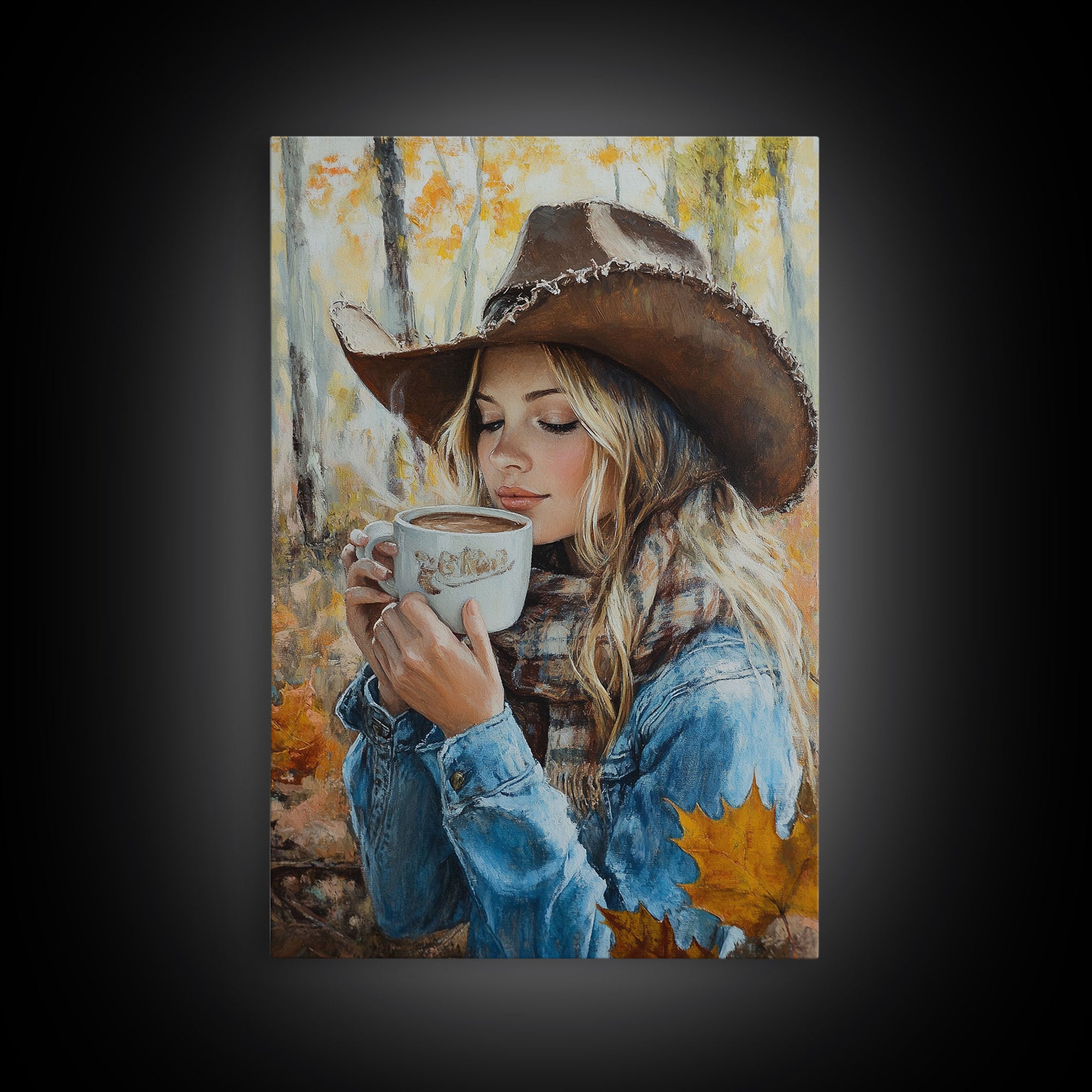 Fall-themed farmhouse framed canvas print a woman with coffee amidst autumn leaves ideal harvest home decor or seasonal wall art gift idea