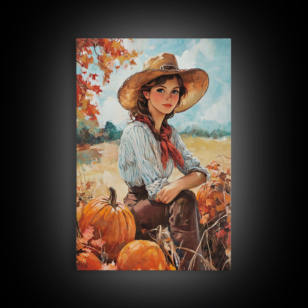 Country fall harvest framed canvas print pumpkins and a serene autumn landscape perfect seasonal wall art for rustic farmhouse home decor