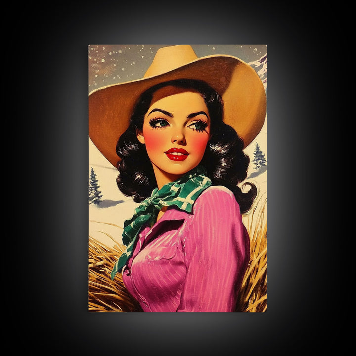 Retro Christmas framed canvas print festive cowgirl in a snowy landscape perfect holiday wall art or vintage Christmas home decor gift idea