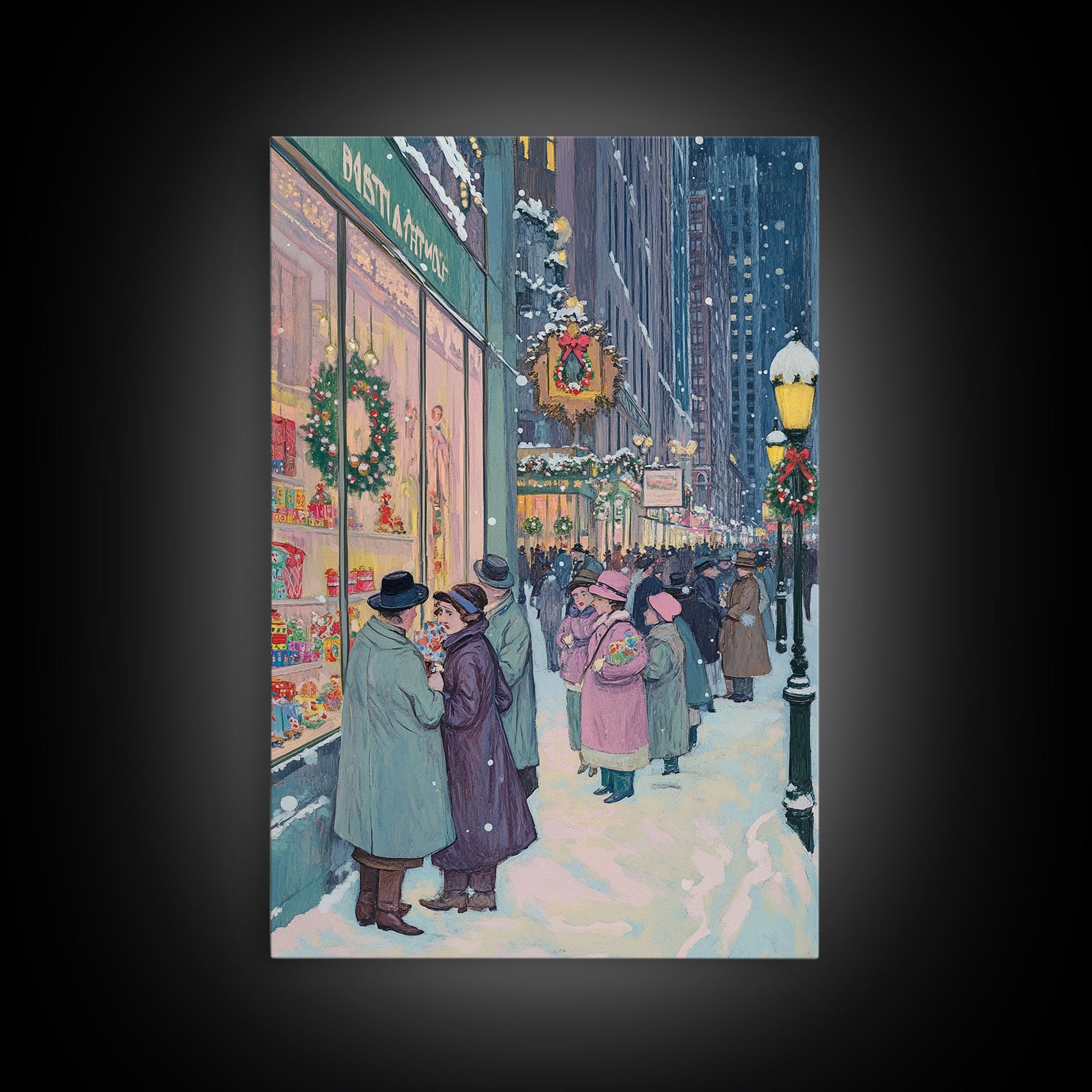 Retro Christmas Shoppers Admiring Store Window Displays in Snowy City Street, Perfect for Vintage Christmas Wall Art, Framed Canvas Print