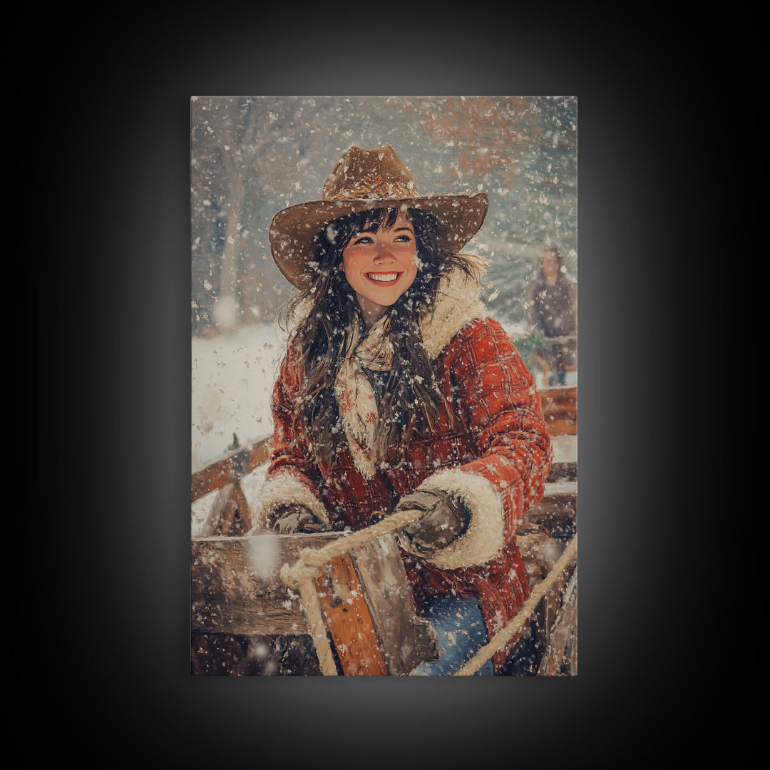 Country Christmas framed canvas print cheerful woman enjoying a snowy ride perfect seasonal wall art or vintage holiday home decor idea