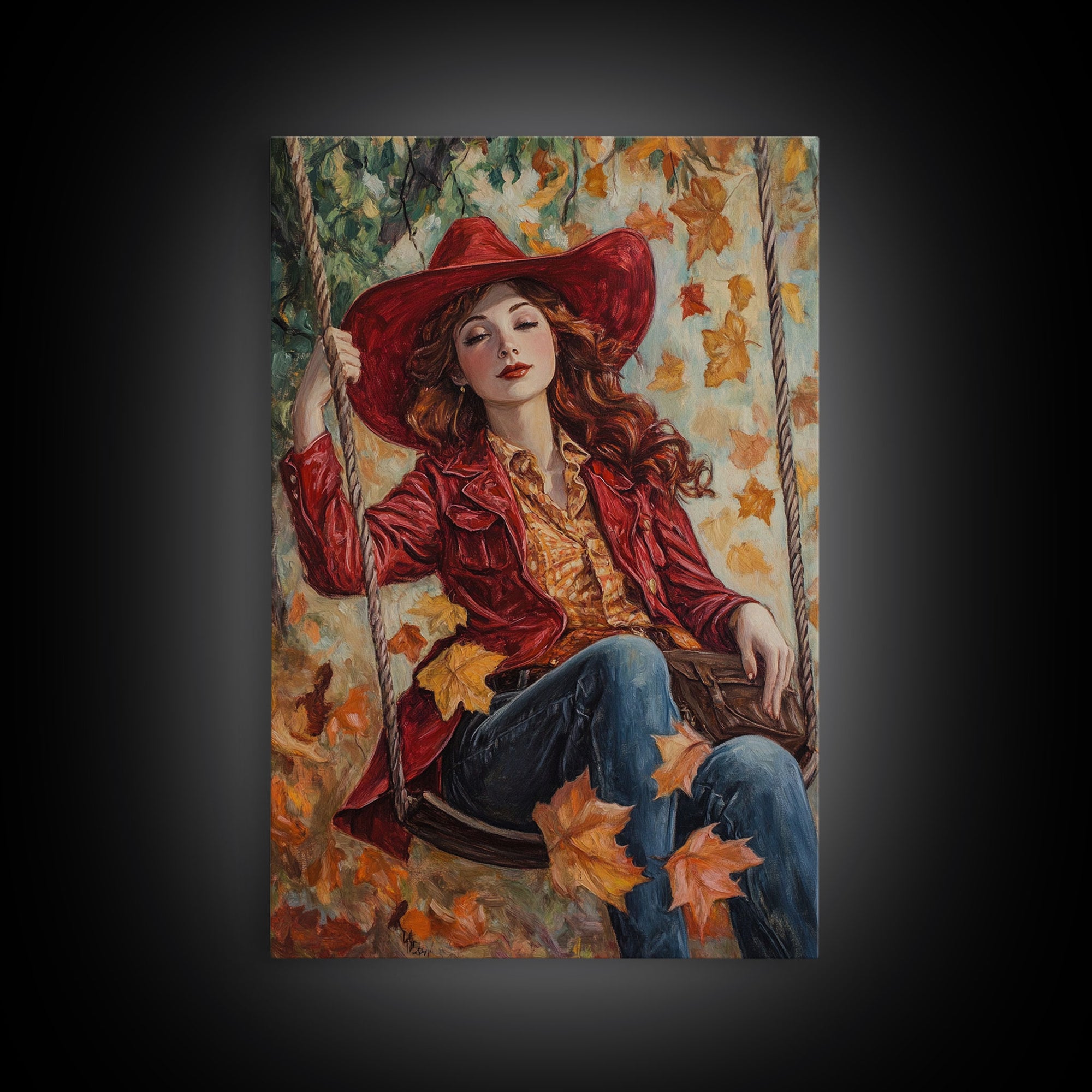 Fall Cowgirl Enjoying Her Swing, Framed Canvas Print, Autumn Decor, Cute Wall Art Gift Idea