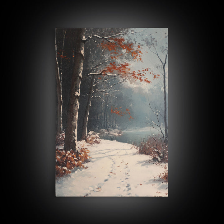 Framed Canvas Print of a Snowy Path with Trees and Red Leaves, Winter Wall Art, Moody Landscape, Best Gift Idea, Modern Christmas Decor