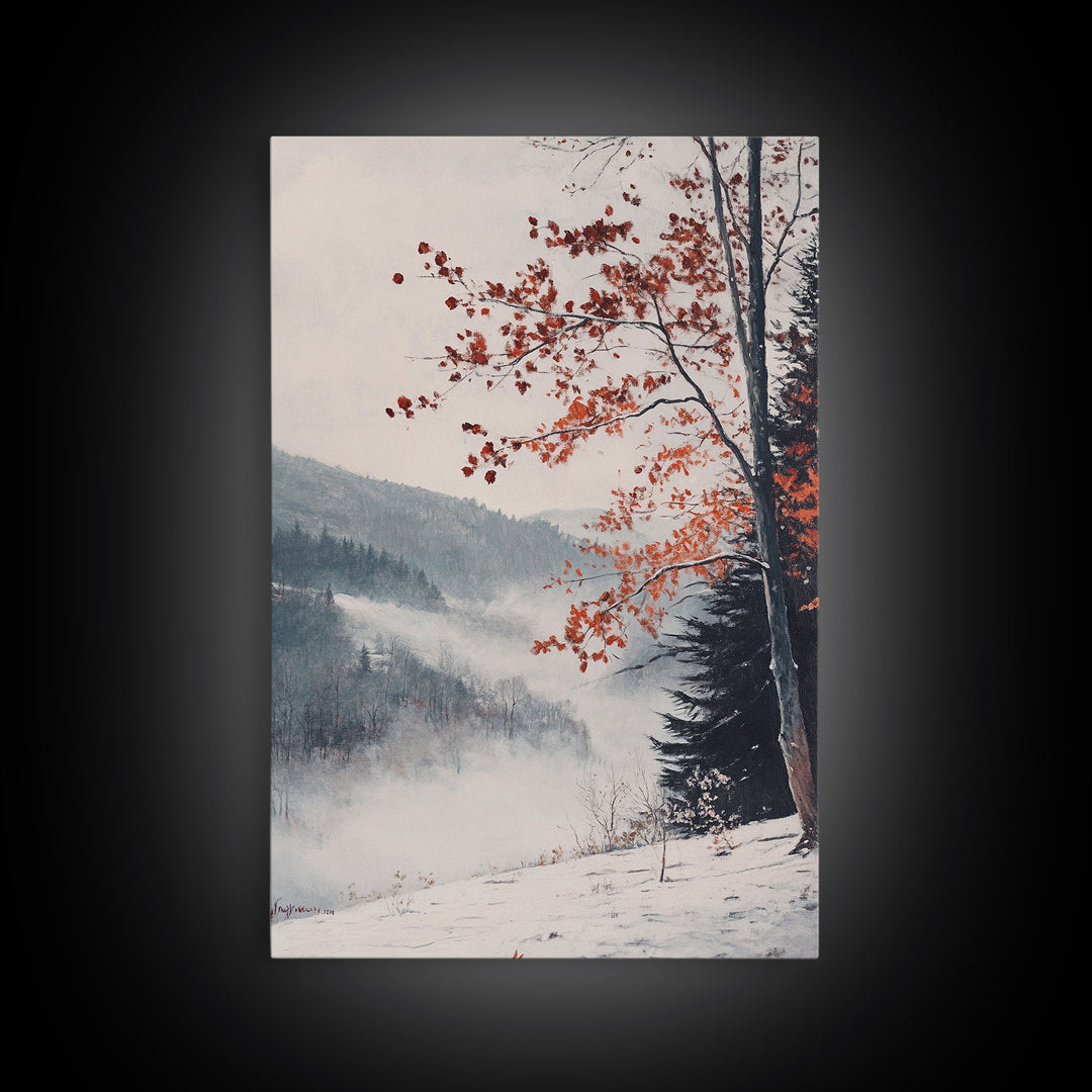 Canvas Print of Snowy Mountain Trees Red Leaves, Winter Wonderland Wall Art, Best Gift Idea, Moody Landscape, Rustic Christmas Decor