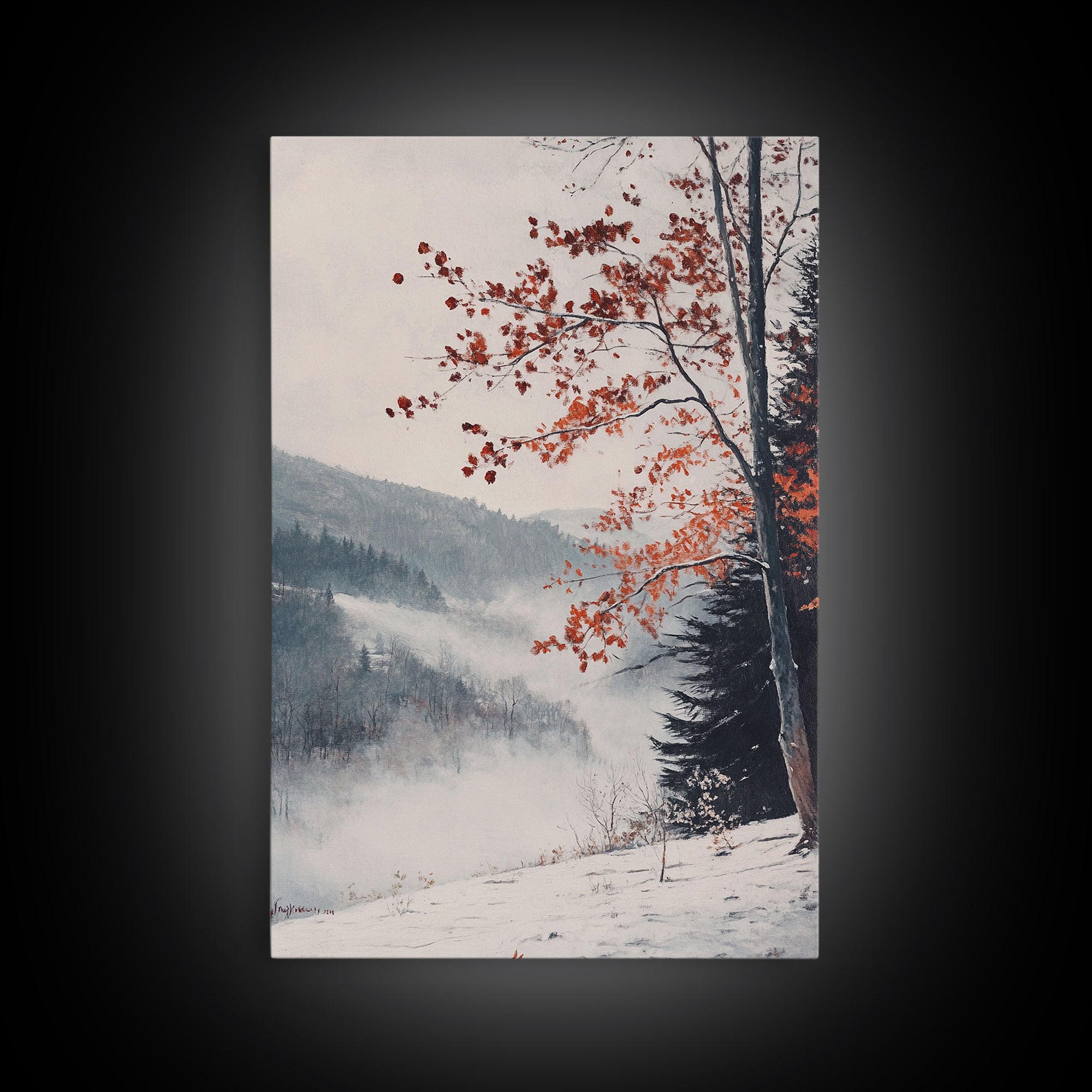 Canvas Print of Snowy Mountain Trees Red Leaves, Winter Wonderland Wall Art, Best Gift Idea, Moody Landscape, Rustic Christmas Decor