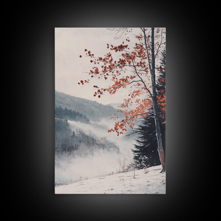 Canvas Print of Snowy Mountain Trees Red Leaves, Winter Wonderland Wall Art, Best Gift Idea, Moody Landscape, Rustic Christmas Decor
