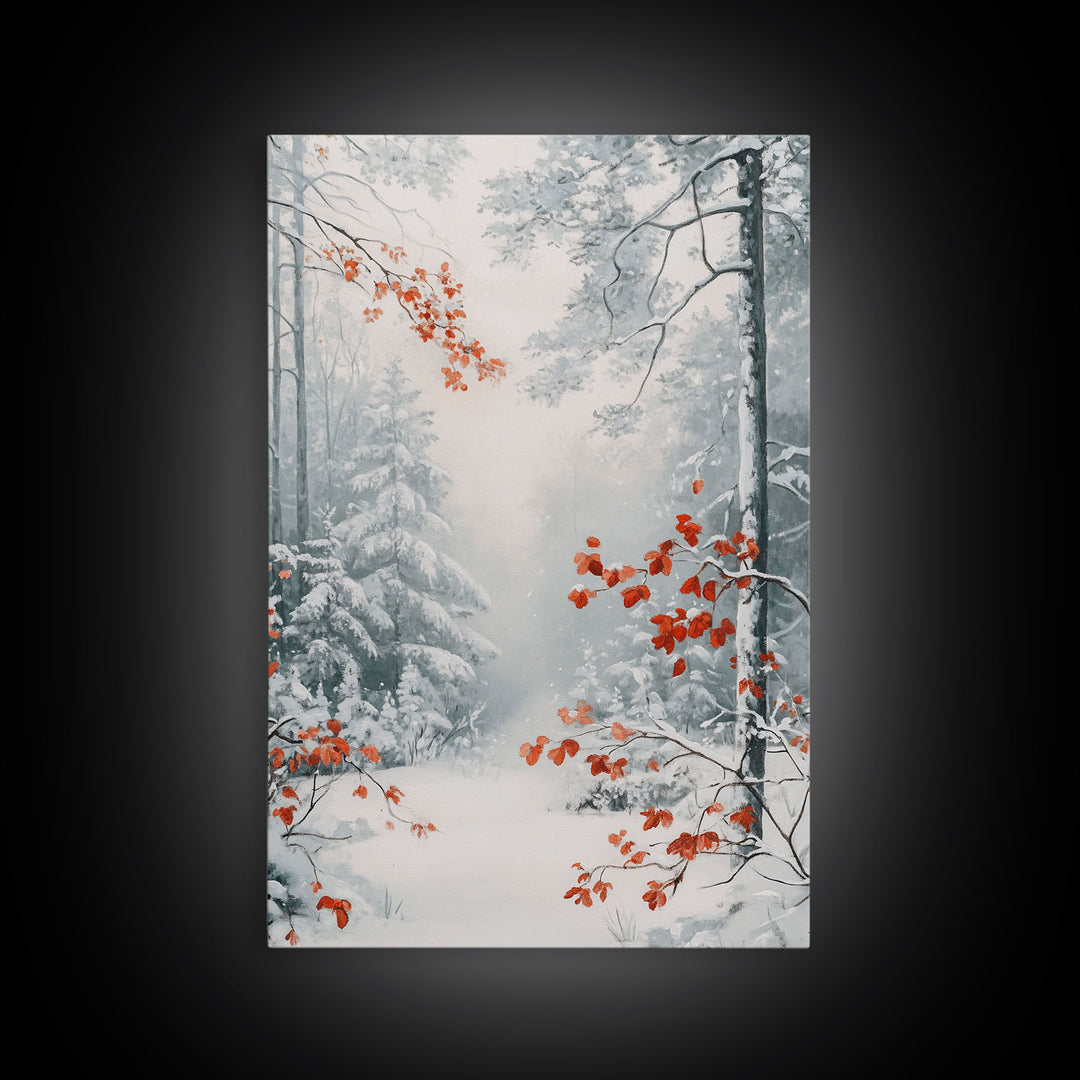 Canvas Print of Winter Wonderland with Red Leaves in Snow, Winter Wall Art, Best Gift Idea, Moody Landscape, Christmas Home Decor