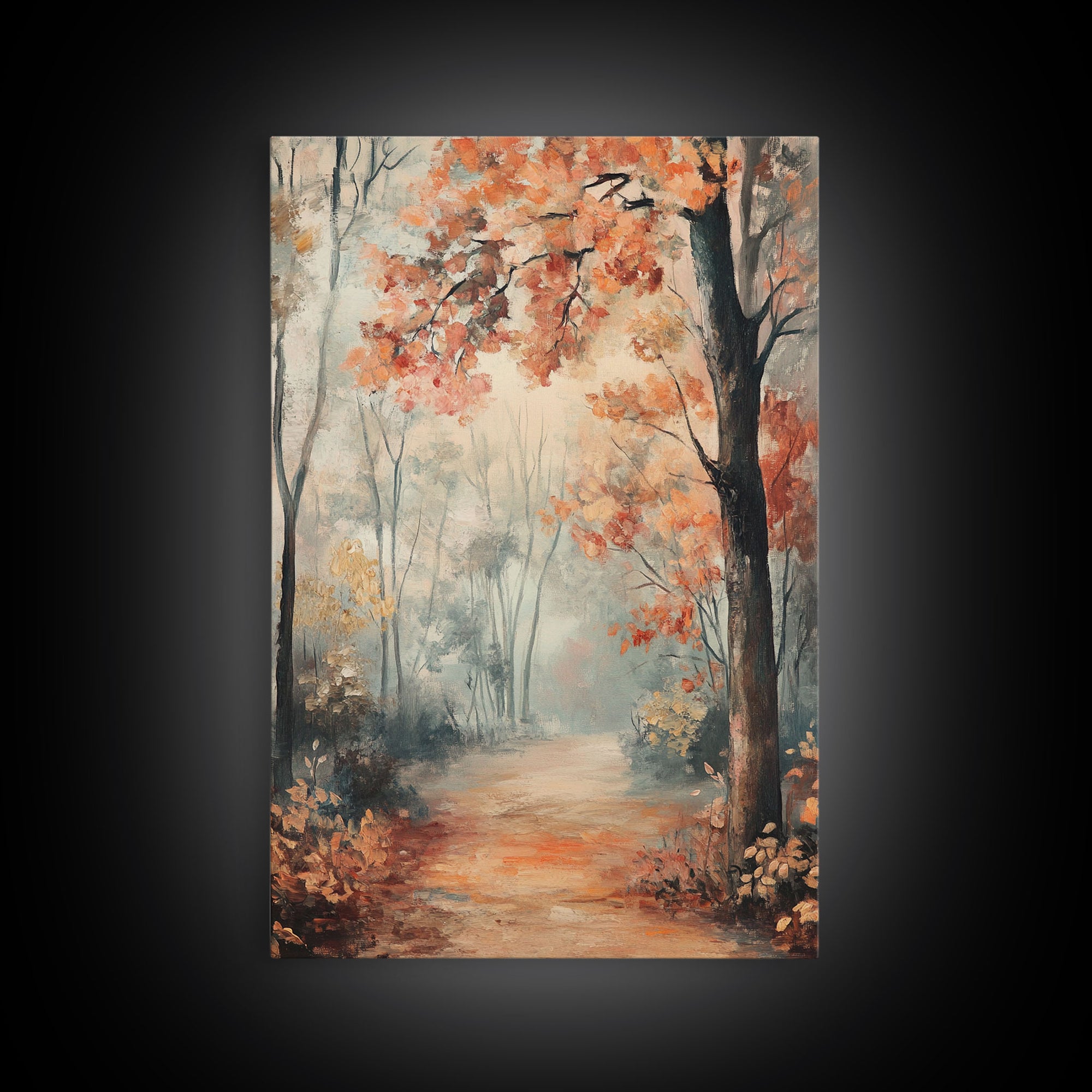 Framed Canvas Print of Foggy Autumn Forest with Red Leaves, Moody Landscape Wall Art, Fall Seasonal Decor, Best Gift Idea, Modern Farmhouse