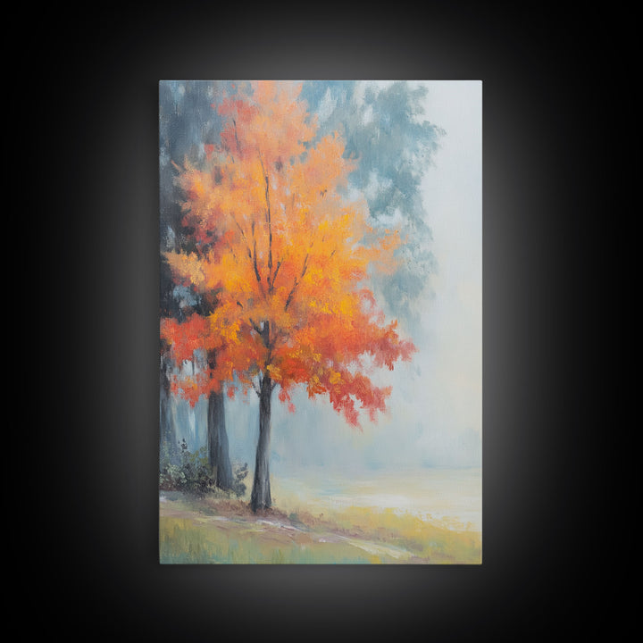Canvas Print of Vibrant Autumn Tree in Misty Background, Seasonal Wall Art, Fall Decor, Best Gift Idea, Modern Farmhouse Landscape Art