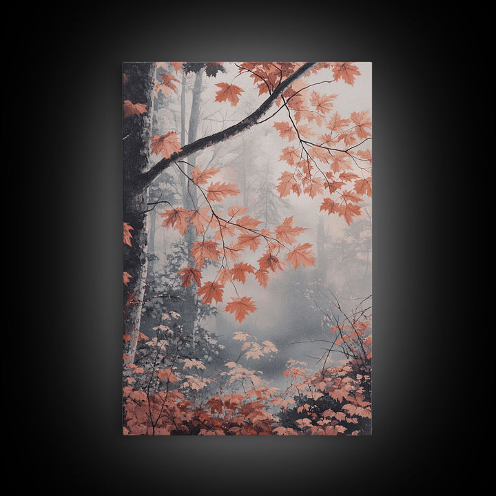 Framed Canvas Print of Fall Leaves on Branches in Misty Forest, Moody Landscape Wall Art, Fall Decor, Gift Idea, Farmhouse Seasonal Art
