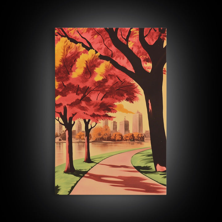 Canvas Print of City Park with Autumn Trees and Path, Seasonal Wall Art, Modern Farmhouse Decor, Best Gift Idea, Fall Cityscape Art