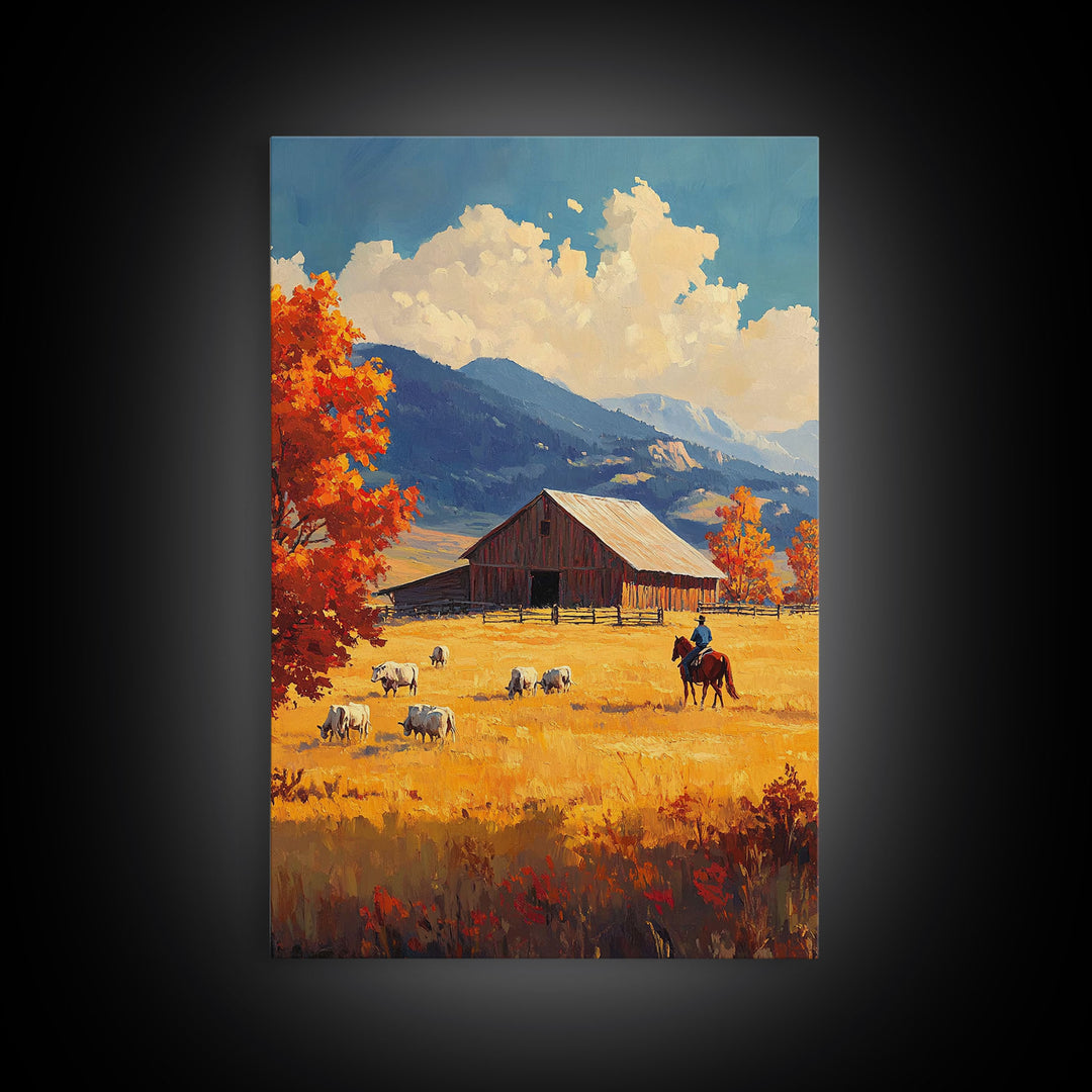 Cowboy Herding Cattle Framed Canvas Print Rustic Autumn Landscape With Barn And Vibrant Fall Colors Perfect Country Christmas Decor Art