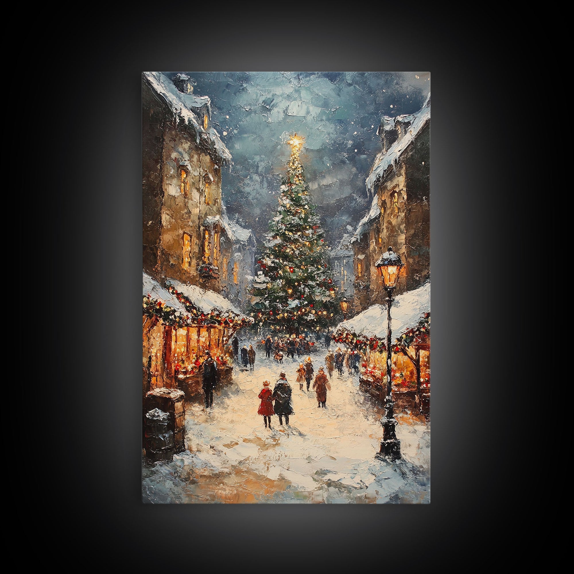 Christmas Market Scene With Tree And Snow Framed Canvas Print Vintage Holiday Village Scene Perfect For Christmas Wall Art And Holiday Decor