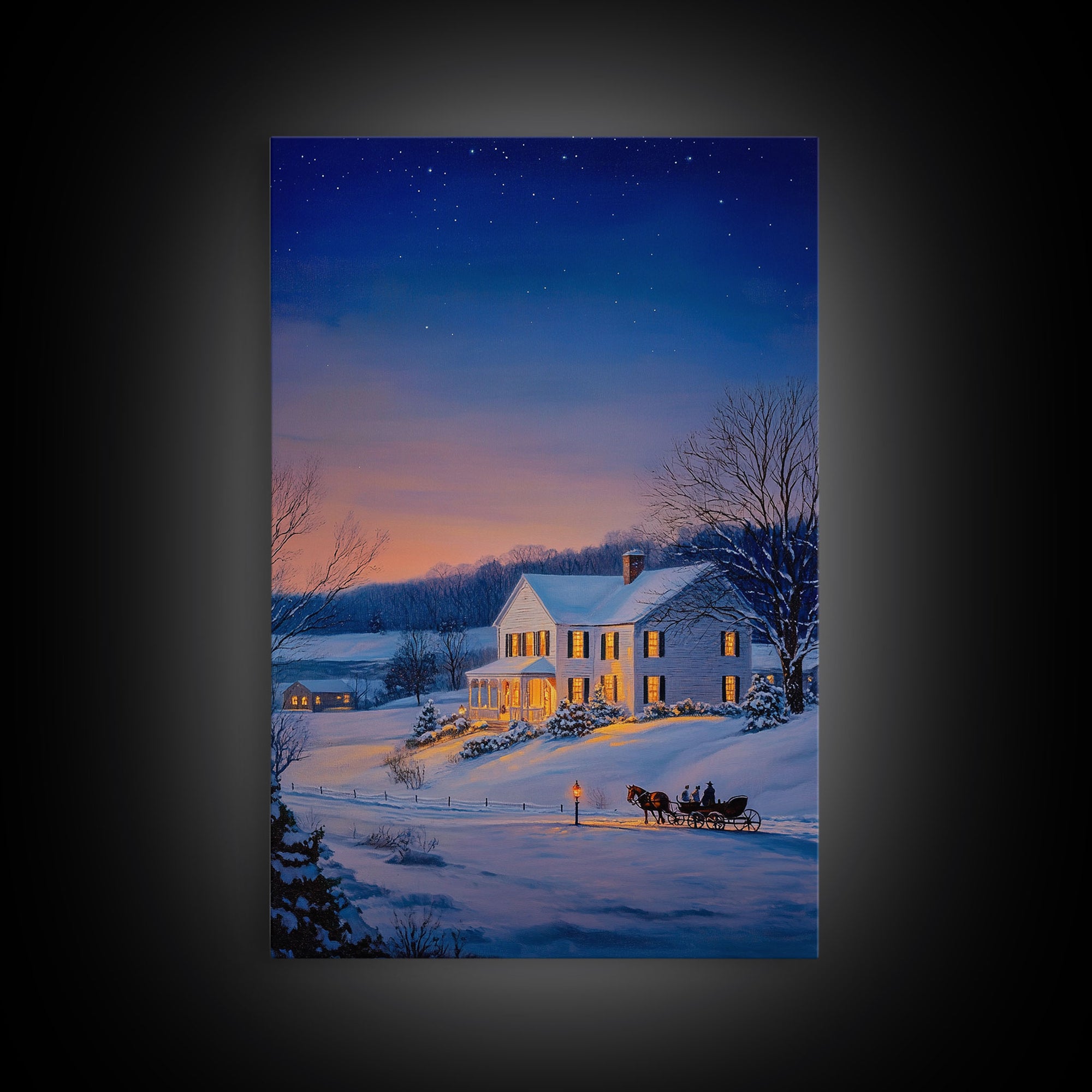 Cozy Snowy House Winter Landscape Framed Canvas Print Wall Art Christmas Decor, Country Christmas Art Gift, Winter Wonderland Art