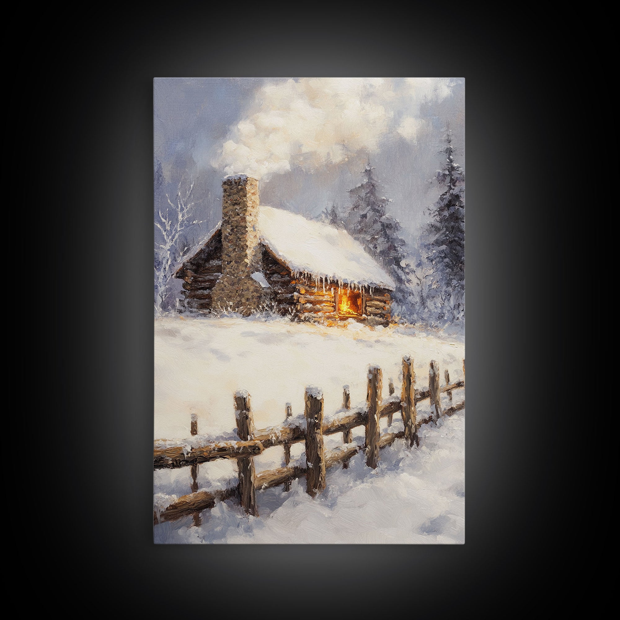 Rustic Cabin In Snow Framed Canvas Print Wall Art Christmas Home Decor, Winter Landscape Art, Cozy Winter Cabin Scene
