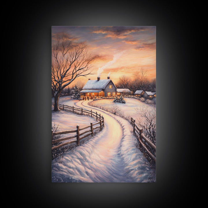 Snowy Path Leading To House Framed Canvas Print Wall Art Christmas Decor, Winter Holiday Art Gift, Cozy Christmas Wall Art