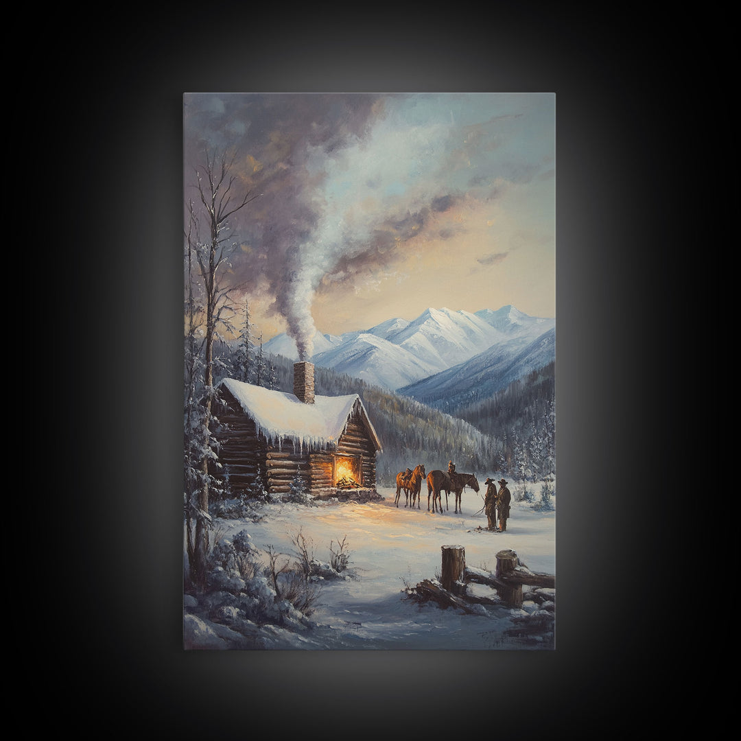 Mountain Cabin In Snow With Horses Framed Canvas Print Wall Art Rustic Winter Decor, Country Christmas Art, Winter Wonderland Scene