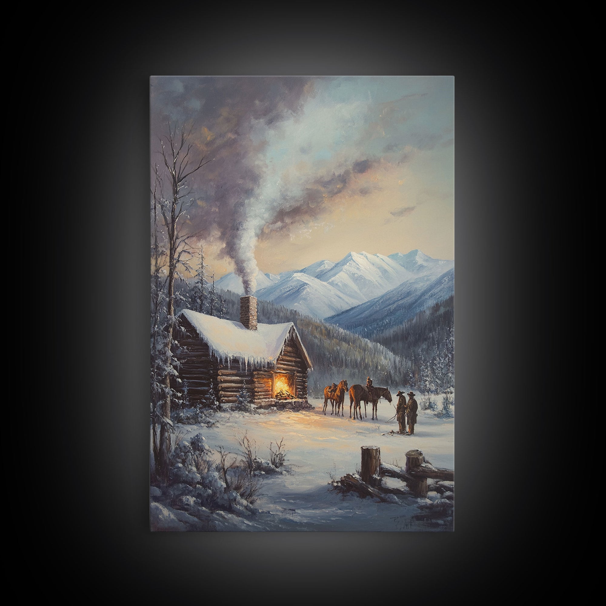 Mountain Cabin In Snow With Horses Framed Canvas Print Wall Art Rustic Winter Decor, Country Christmas Art, Winter Wonderland Scene