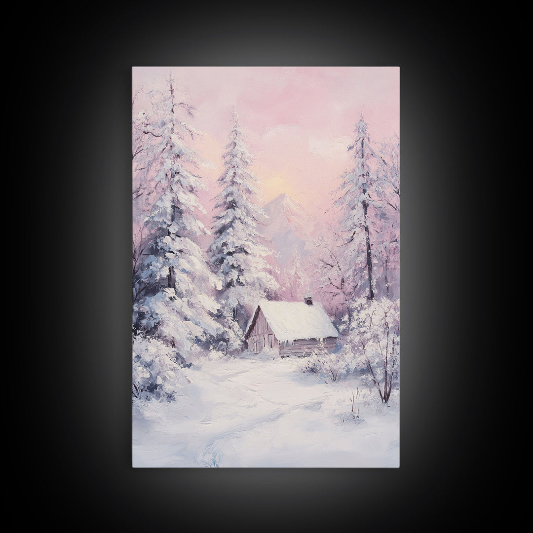 Pink Snowy Cabin Landscape Framed Canvas Print Wall Art Winter Wonderland Decor, Christmas Art Gift, Rustic Winter Scene Art