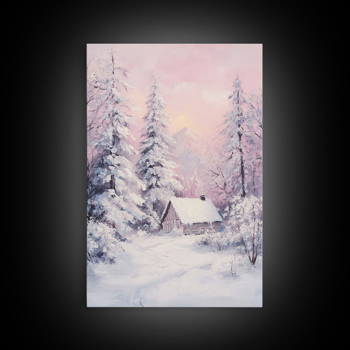 Pink Snowy Cabin Landscape Framed Canvas Print Wall Art Winter Wonderland Decor, Christmas Art Gift, Rustic Winter Scene Art