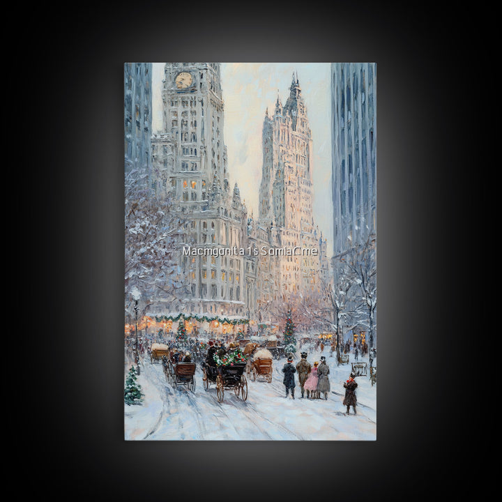 Historical City Winter Framed Canvas Print, Snowy Urban Landscape with Carriages and Victorian Architecture, Elegant Christmas Wall Art