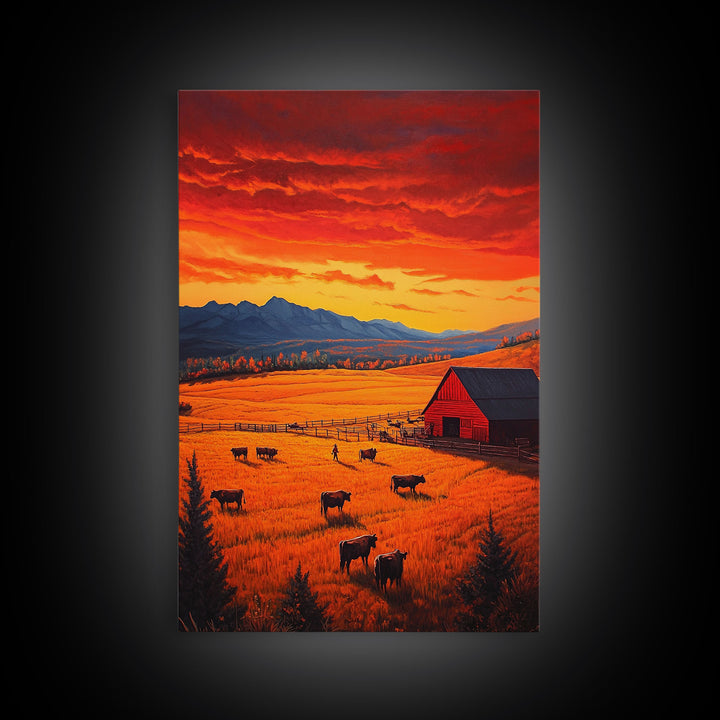 Golden Fields and Barn Framed Canvas Print, Pastoral Landscape with Mountains Grazing Cows, Rustic Fall Wall Art Farmhouse Ranch Style Decor