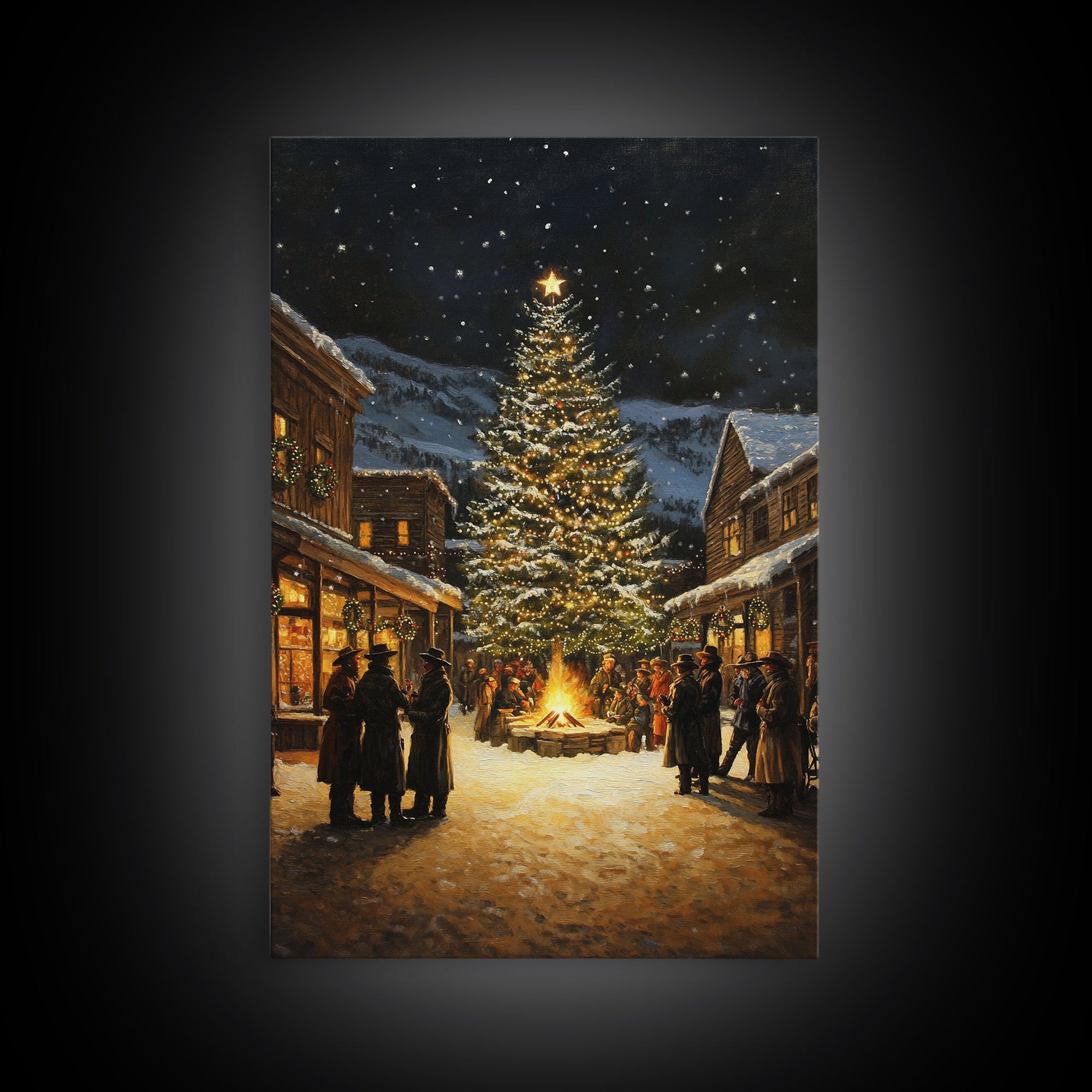 Western Christmas Town Gathering Framed Canvas Print, Cowboy Christmas Eve by the Bonfire Tree, Festive Winter Wall Art Rustic Holiday Decor