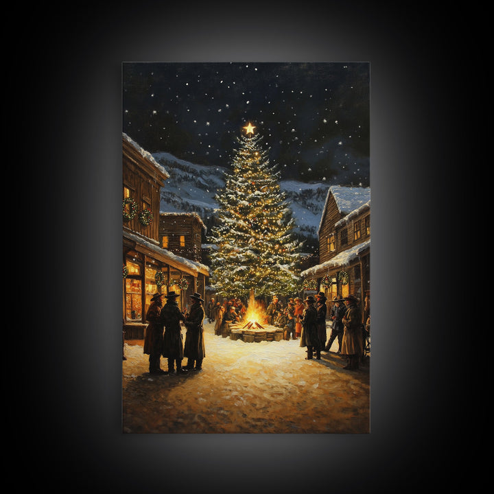 Western Christmas Town Gathering Framed Canvas Print, Cowboy Christmas Eve by the Bonfire Tree, Festive Winter Wall Art Rustic Holiday Decor