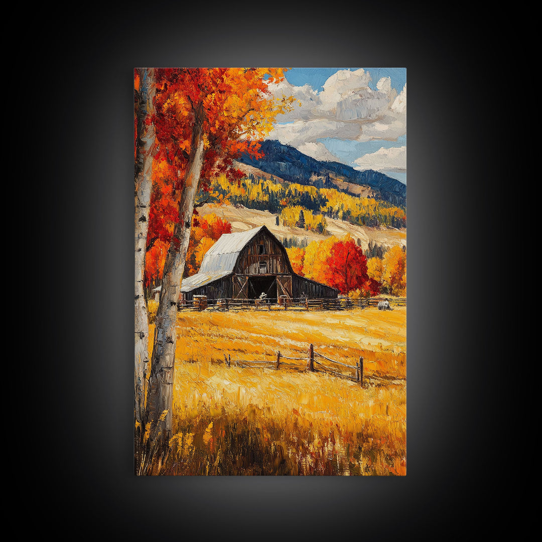 Countryside Barn in Autumn Framed Canvas Print, Bright Fall Landscape Birch Trees, Rustic Wall Art Country Home or Farmhouse Autumn Decor