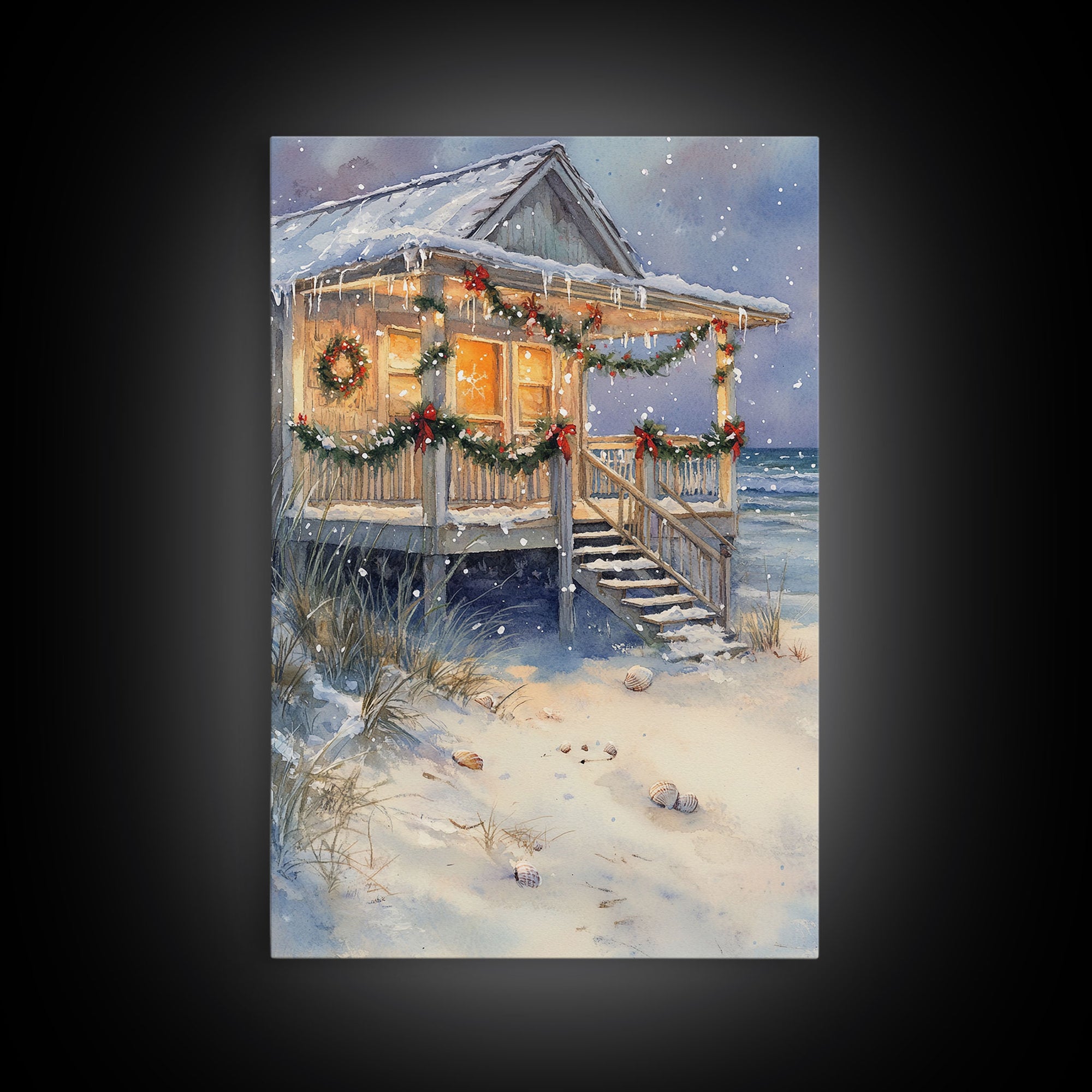 Beach Christmas Cottage Framed Canvas Print, Coastal Holiday Decor with Snow, Wreaths, and Shells, Perfect for Nautical Christmas Wall Art